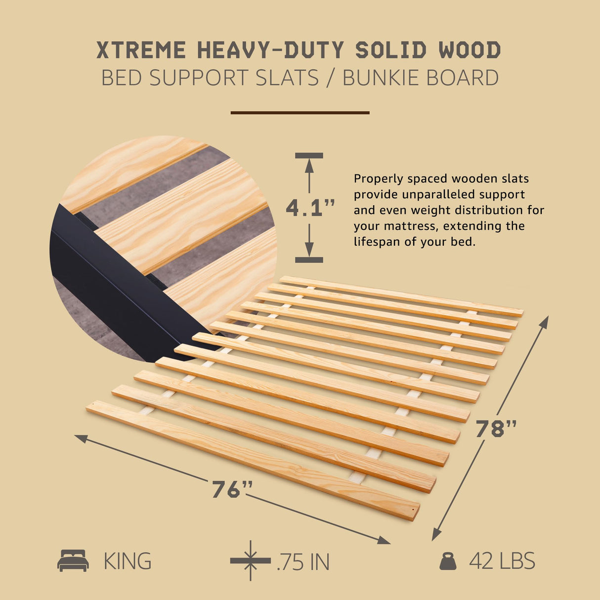 Hercules Xtreme Bed Support Slats, Heavy-Duty Solid Pine Wood Bunkie Board, King Size Hercules
