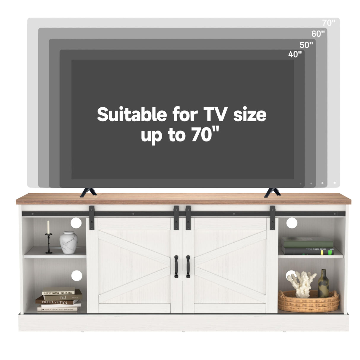Kurapika Farmhouse TV Stand and Entertainment Center for TV Up to 75 Inch, with Adjustable Shelf and Sliding Barn Doors, Media Furniture with Storage Cabinet and Console Table, 67 Inch, White Kurapika