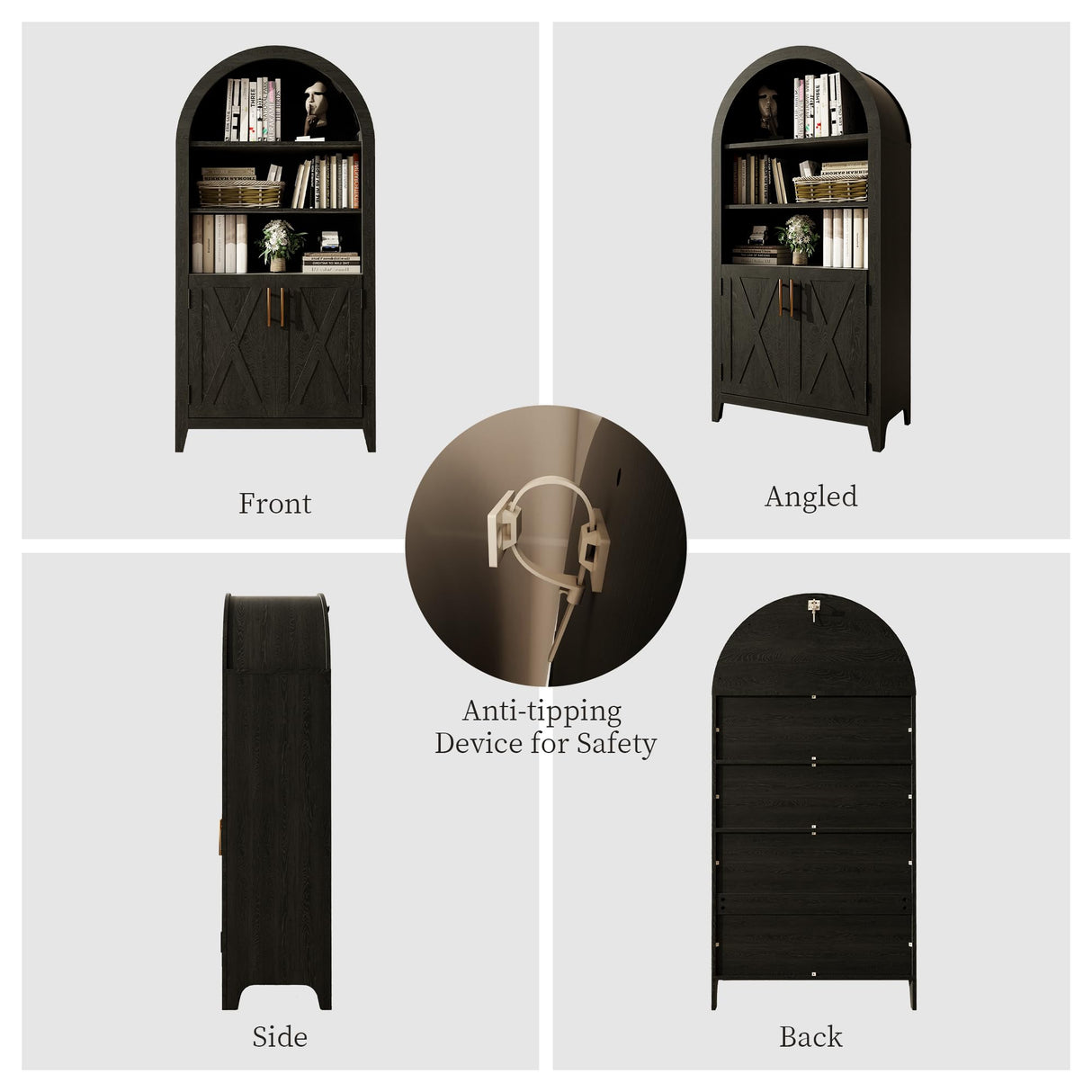 infurnic 63“ Arched Storage Cabinet with Beech Wood Door, 5-Tier Arched Bookcase, Farmhouse Kitchen Pantry with Storage – Perfect for Dining Room, Living Room, Kitchen, or Home Office infurnic