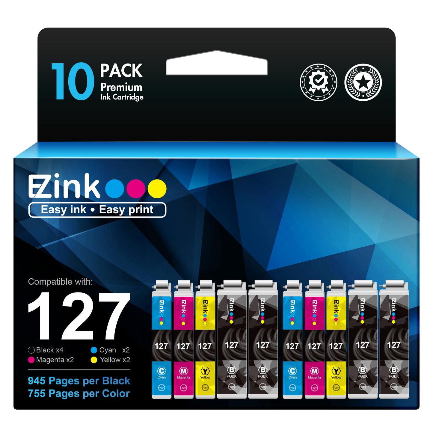 E-Z Ink Remanufactured Ink Cartridges Replacement for Epson 127 T127 to use with NX530 625 WF-3520 WF-3530 WF-3540 WF-7010 WF-7510 7520 545 645 (4 Large Black, 2 Cyan, 2 Magenta, 2 Yellow) 10Pack