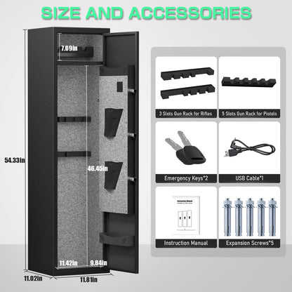 Omethey 3-5 Gun Safe for Rifles and Pistols, Quick Access Rifle Gun Safe with Silent Mode and Alarm System, Gun Cabinet with Removable Shelf and 2 Adjustable Gun Slots