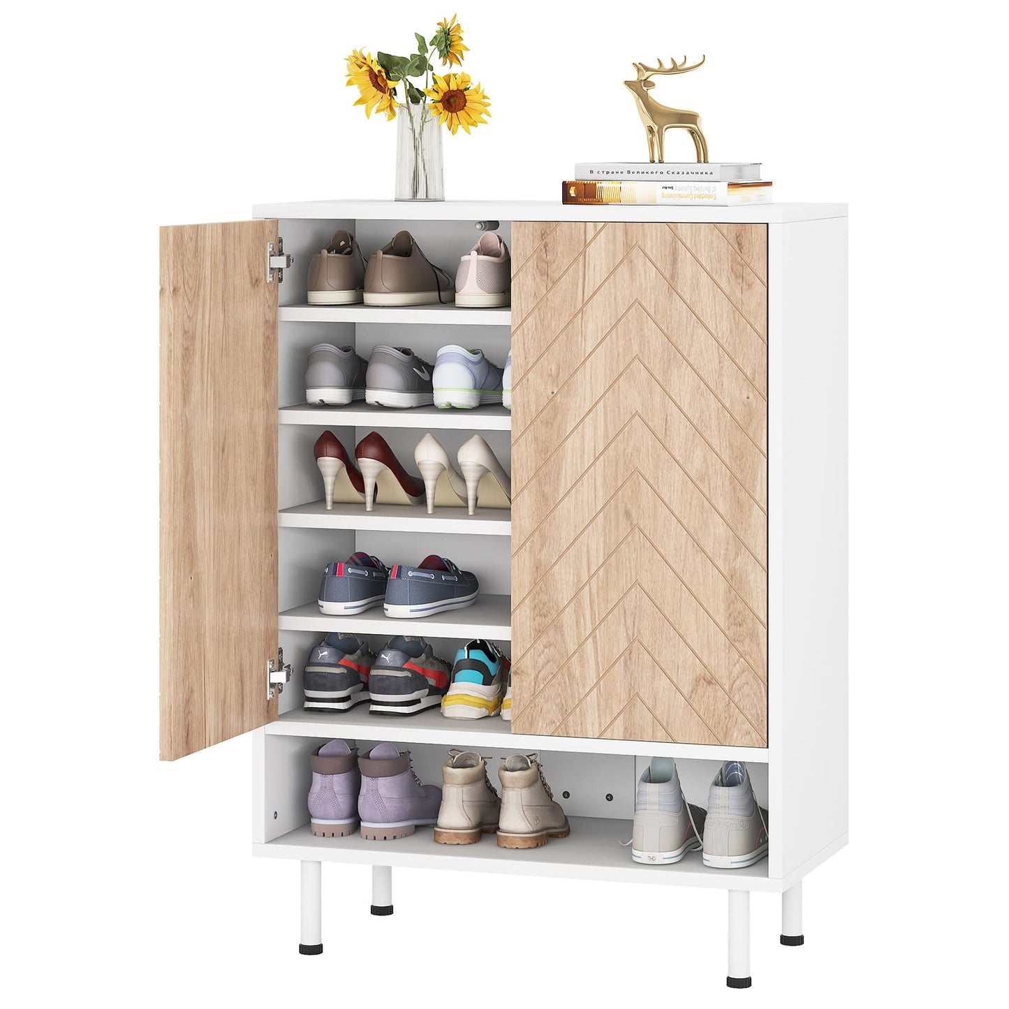 Tribesigns Shoe Cabinet, 18 Pair Rack Organizer Cabinet with Door, 6-Tier Modern Storage Shelves for Entryway Hallway Closet, White and Brown - WoodArtSupply