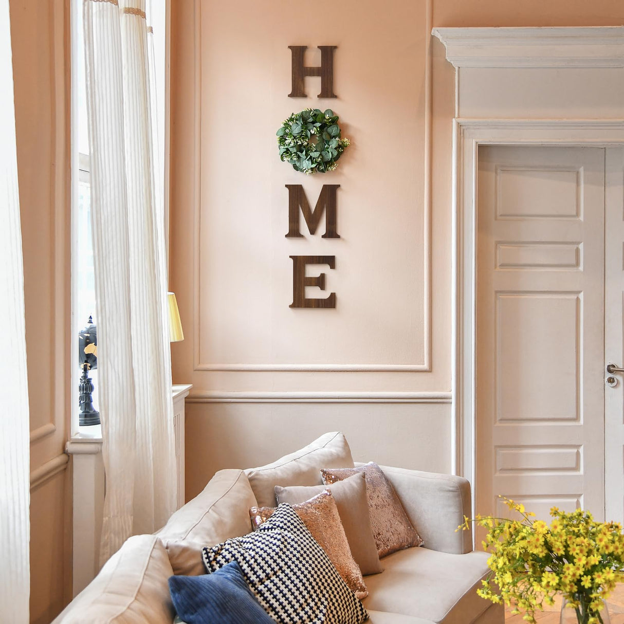 Mkono Farmhouse Wall Home Sign with Artificial Eucalyptus for O Rustic Wooden Hanging Letters Decorative Wall Art Decor for Living Room Kitchen Entryway Housewarming Gift, Brown Mkono