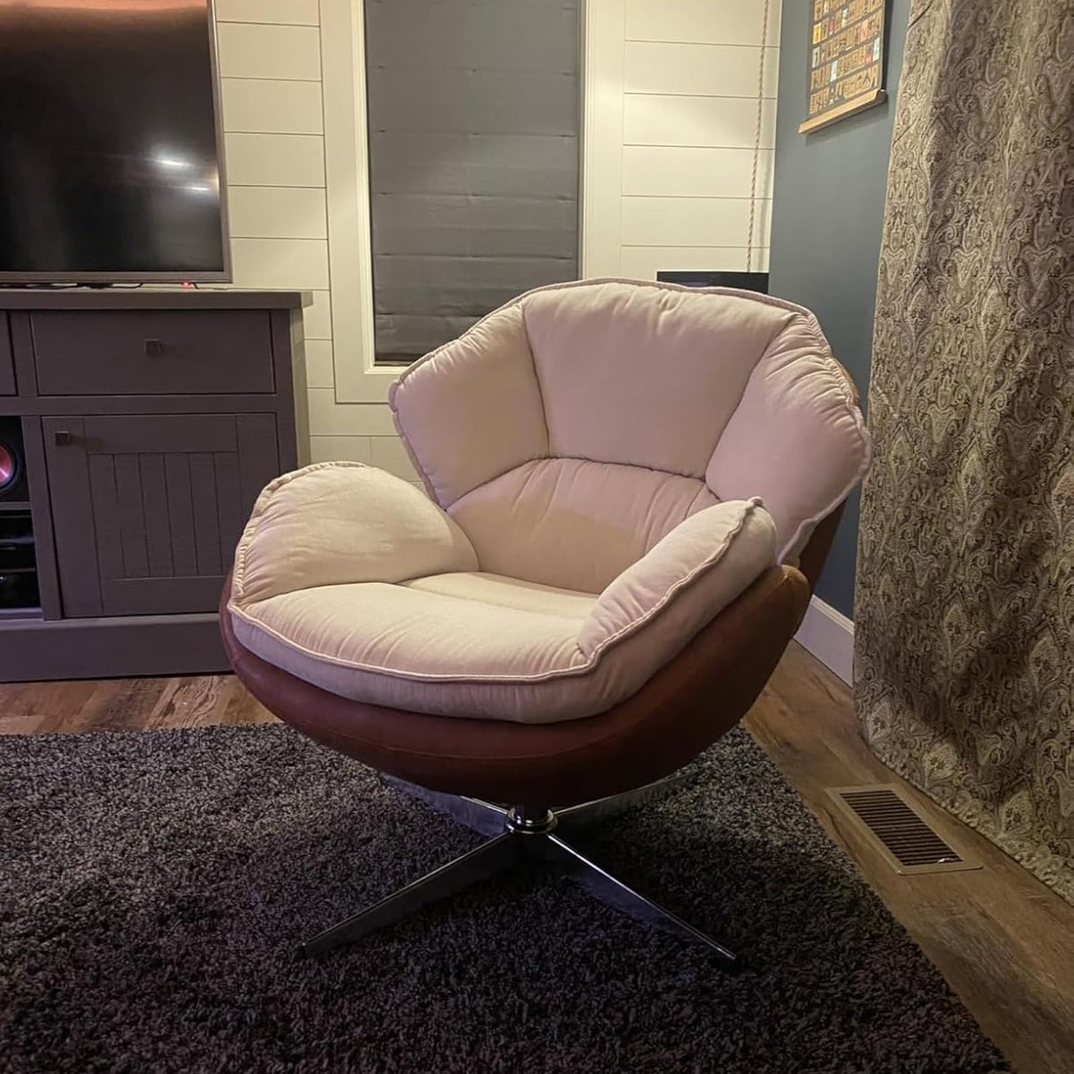 Ya-Home Modern Swivel Accent Chair, Chenille Upholstered Leisure Chair with Cozy Seat Silver Metal Base, Comfy Lounger Armchair Recliner Chair for Living Room Bedroom, 1PC, Beige Ya-Home