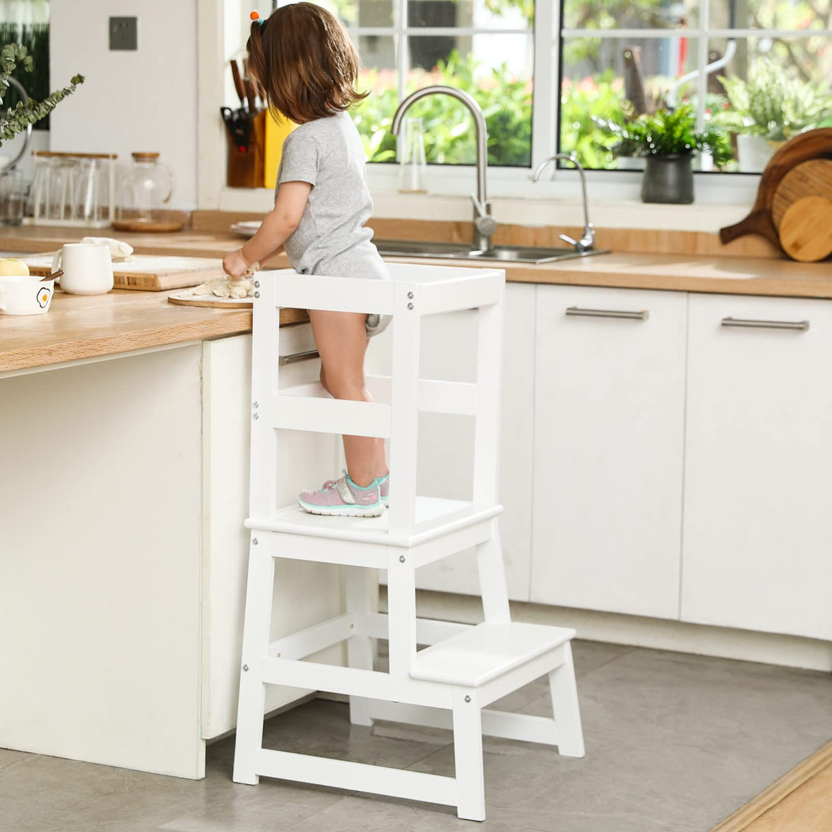 Kids Kitchen Step Stool with Safety Rail,Wooden Toddler Standing Tower for Kitchen Counter, Kids Montessori Stool, Solid Wood Construction,White Wiifo