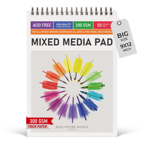 BEECHMORE BOOKS Mixed Media Spiral Sketchbook A4 9×12 – 300 GSM Heavyweight Paper, 50 Perforated Sheets, Bleedproof Art Pad for Watercolor, Acrylic, Oil, Gouache, Markers BEECHMORE BOOKS