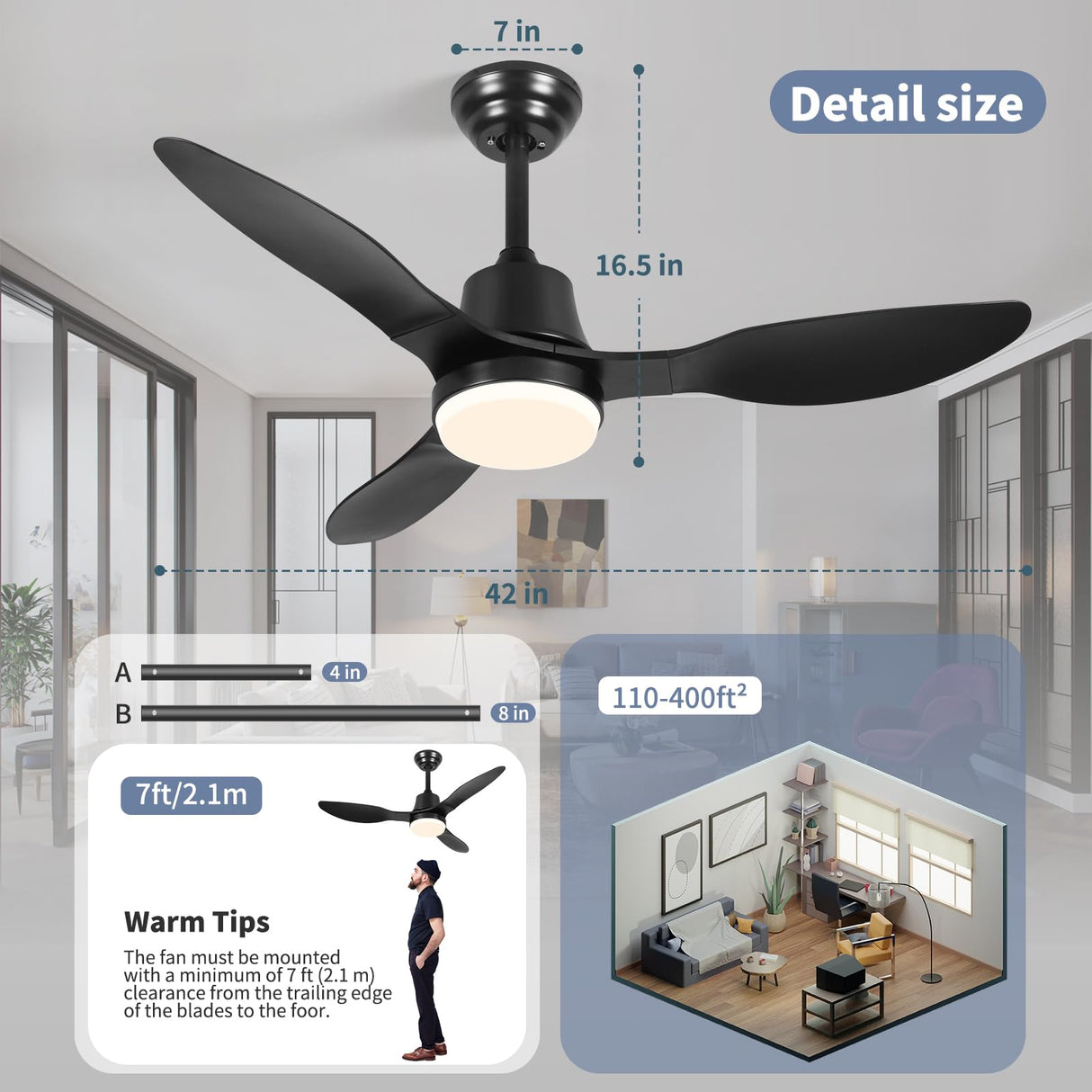42 Inch Smart Ceiling Fans with Lights Remote LED Dimmable,Outdoor Indoor Modern Ceiling Fan Controlled by WiFi Alexa App,FCC Quiet DC Motor,3 Black Blades for Bedroom Living Room Patio Porch LINJO