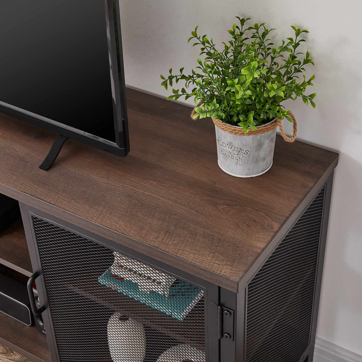 FATORRI Industrial Entertainment Center for TVs up to 65 Inch, Rustic Wood TV Stand, Large TV Console and TV Cabinet for Living Room (60 Inch Wide, Walnut Brown)