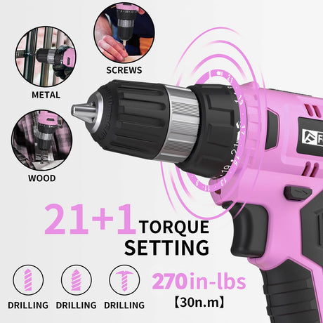 FADAKWALT Cordless Drill Set, 20V Electric Power Drill with Battery And Charger, Torque 30N, 21+1 Torque Setting, 3/8-Inch Keyless Chuck, Drill Driver Bits Kit, with LED Electric Drill Set. （Pink) FADAKWALT