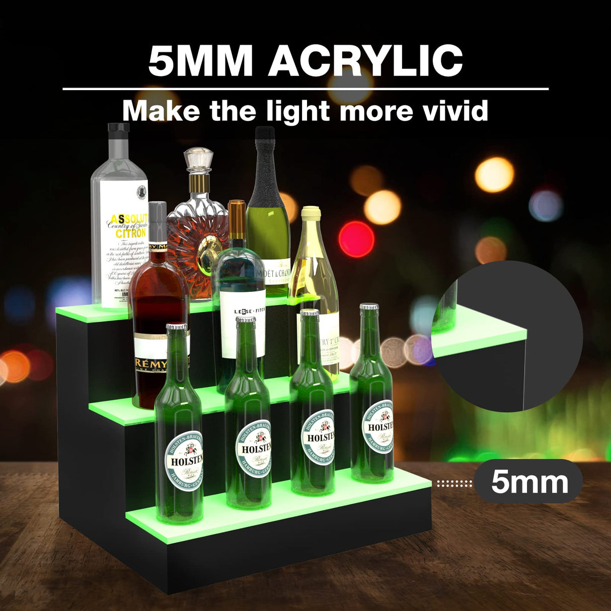 HIGOSPRO LED Liquor Bottle Display Shelf, 16 inch 3-Step Lighted Acrylic Lighted Bar Shelf for Home, Illuminated Home Bar Shelf, Acrylic Lighted Bottle Display Stand with RF Remote HIGOSPRO