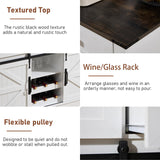 Kmax Farmhouse Wine Bar Cabinet w, 54” Buffet Cabinet with Storage, Rustic White Coffee Bar Cabinet with Sliding Barn Doors, Wine/Glass Rack & 3 Drawers for Living, Dining Room, Black Top Kmax