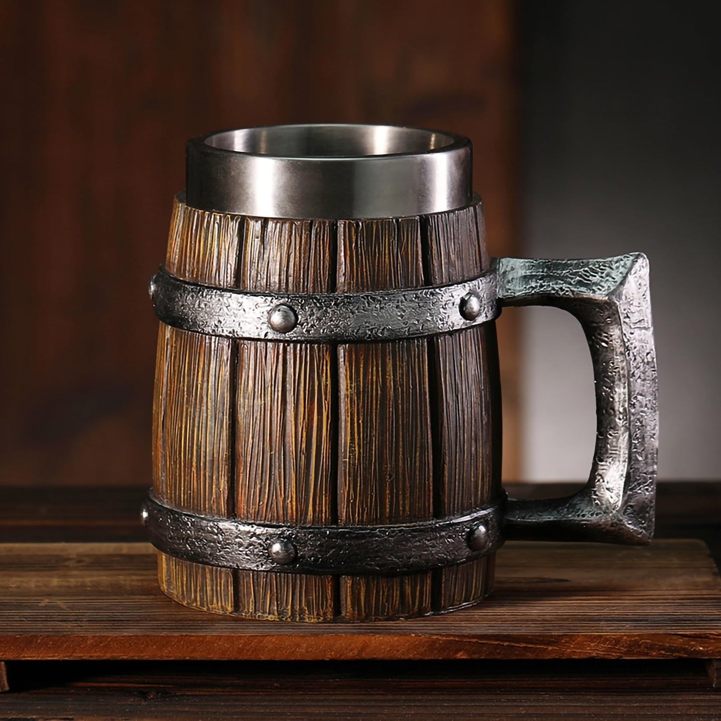 Viking Wooden Barrel Tankard Creative Hand-painted Resin Beer Stein, 304 SS Liner Wine Goblet Coffee Mug Handmade Creative Gift Home Decor, Capacity 20 OZ (Dark brown) - WoodArtSupply