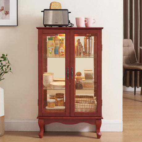 CQSXDA Vintage Lighted Curio Storage Cabinet with Mirrored Back & Tempered Glass Doors, 3 Tier Storage Display Cabinet Adjustable Shelves Home Office Showcase,Cherry CQSXDA