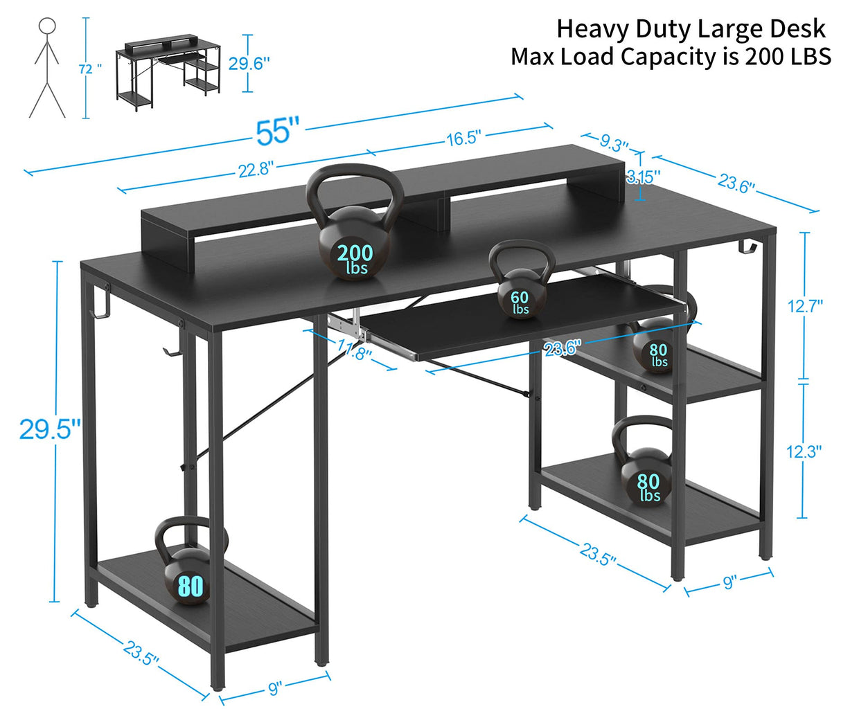 HYPIGO Workstation Desk with Keyboard Tray, 55 Inch Computer Desk with Storage Shelves Monitor Stands and 4 Iron Hooks, Industrial Desk for Home Office HYPIGO