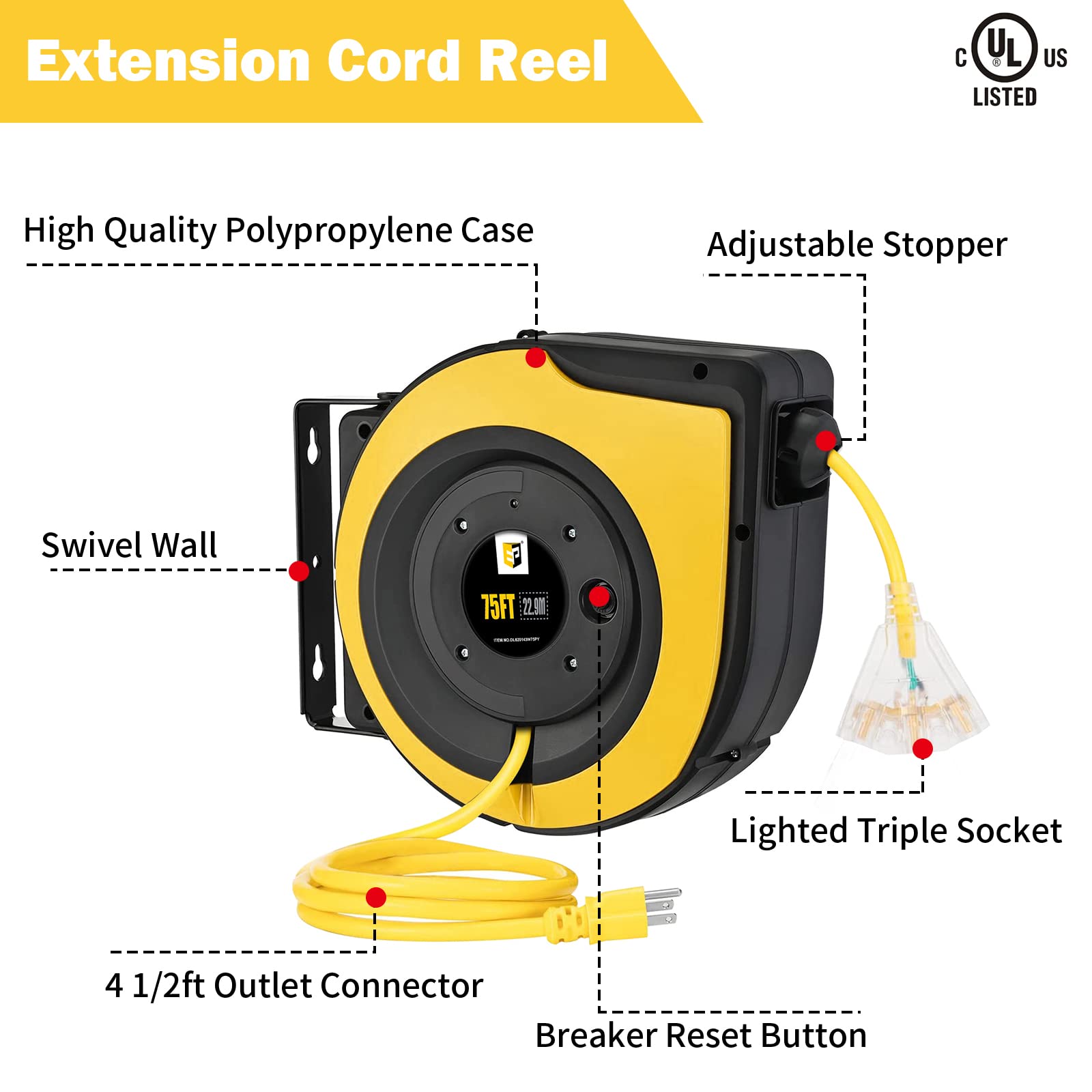 EP Retractable Extension Cord Reel,75 Feet 14 AWG/3C SJTOW Heavy Duty Power Cord,10 AMP Circuit Breaker, 3-Lighted Triple Outlets,Ceiling or Wall Mount Use Indoor/Outdoor, Yellow - WoodArtSupply