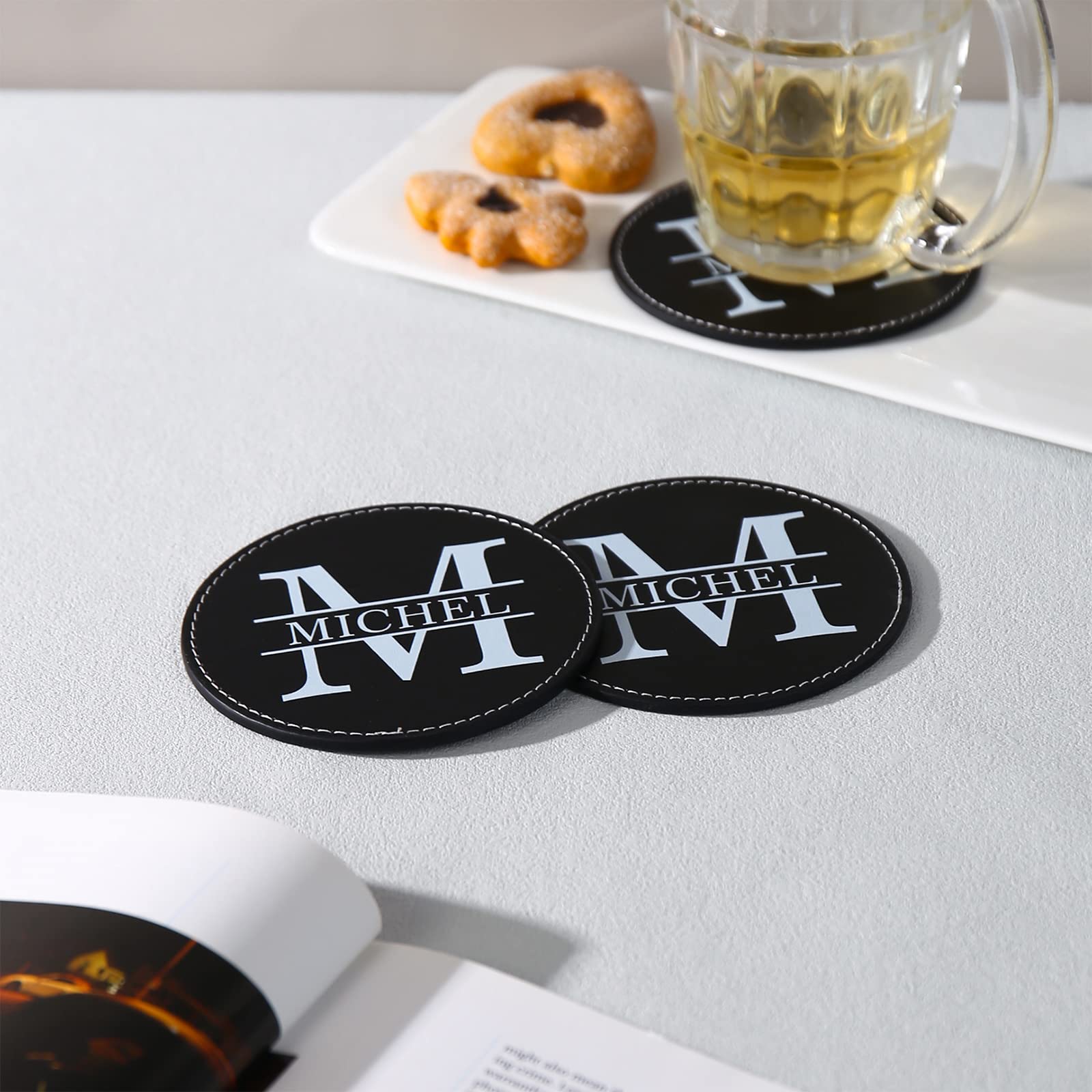 Bosajewel Personalized Coaster Set 6 Monogrammed Coasters for Drinks with Holder Custom Name Coffee Table Bar Beer Wine Cup Coasters Black Leather Coasters for Men Women Home Modern Coasters  - WoodArtSupply