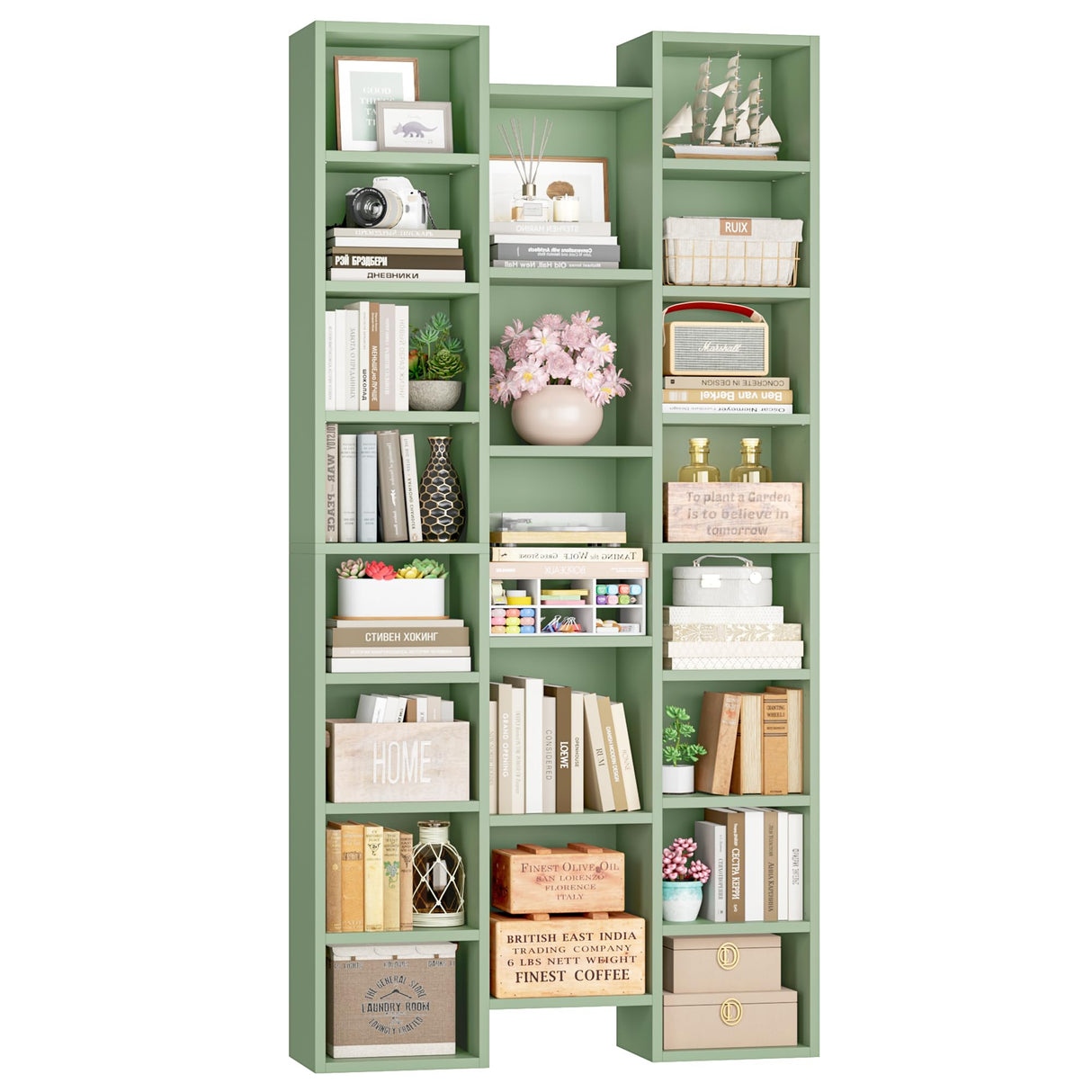FOTOSOK 71’’ Tall Bookshelf, Triple Wide Bookshelf with Adjustable Shelves, 8 Tier Media CD DVD Storage Tower Rack, Diaplay Cabinet Shelf, Cube Storage Organizer Shelf for Home Office, Green FOTOSOK