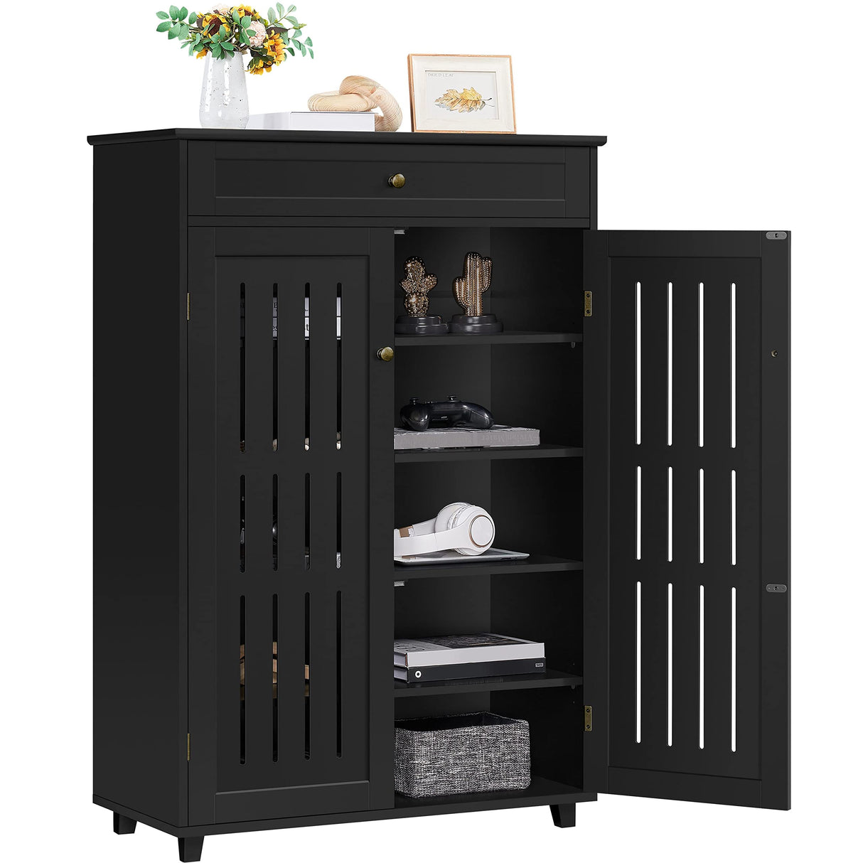 Yaheetech Storage Cabinet Floor Storage Organizer Wooden Cabinet with Drawer 2 Doors for Entryway Living Room Furniture Black Yaheetech