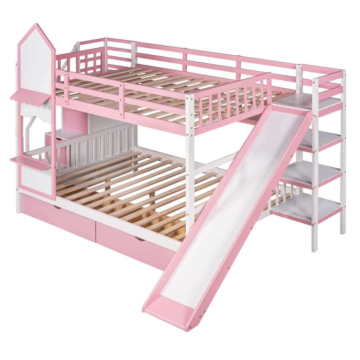 Full-Over-Full Bunk Bed, Castle Style Bunk Bed with 2 Drawers and 3 Shelves, Solid Wood Bunk Beds with Slide and Storage Staircase, Playhouse Low Bunk Bed for Kids Teens Boys Girls (Pink-O273) Aiuyesuo