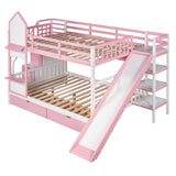 Full-Over-Full Bunk Bed, Castle Style Bunk Bed with 2 Drawers and 3 Shelves, Solid Wood Bunk Beds with Slide and Storage Staircase, Playhouse Low Bunk Bed for Kids Teens Boys Girls (Pink-O273) Aiuyesuo