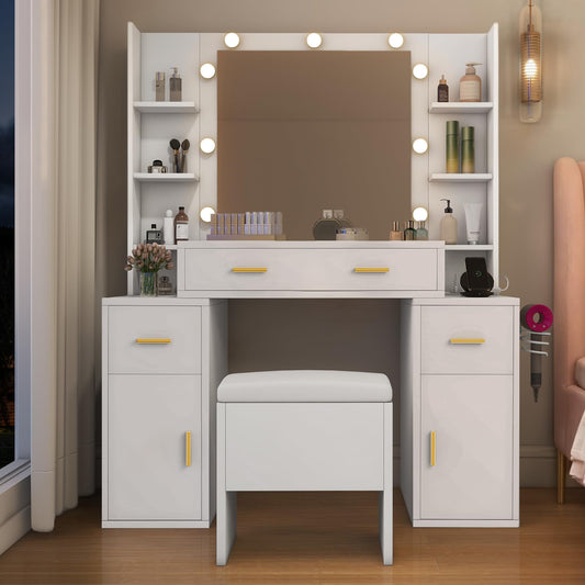 DWVO Vanity Desk with Mirror and Lights, Makeup Vanity Set with Drawers & Cabinet, 3 Colors Lighting Adjustable Brightness, Dressing Table for Bedroom, Storage Shelf and Stool, White