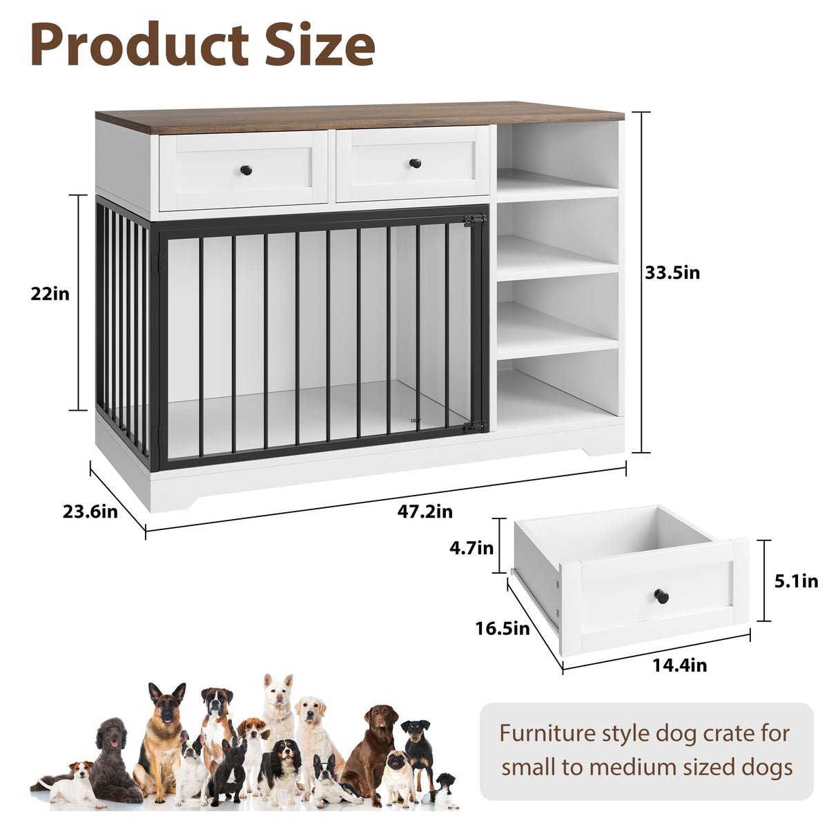 Dog Crate Furniture 47”, Large Dog Crate TV Stand with 2 Drawers and 4 Shelves, Wooden Dog Kennel Indoor, Decorative Dog Cage with Storage for Large Dogs, White GarveeHome