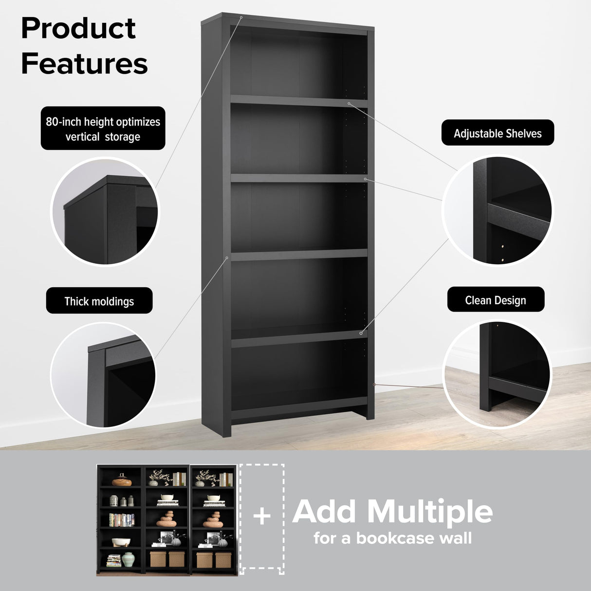 Prepac Moda 5-Tier Tall Wooden Bookcase, Black Storage Cabinet, Display Cabinet, Bookshelf with Storage Shelves 31.75" W x 80" H x 12" D for Home Office, Living Room, Bedroom Organizer Prepac