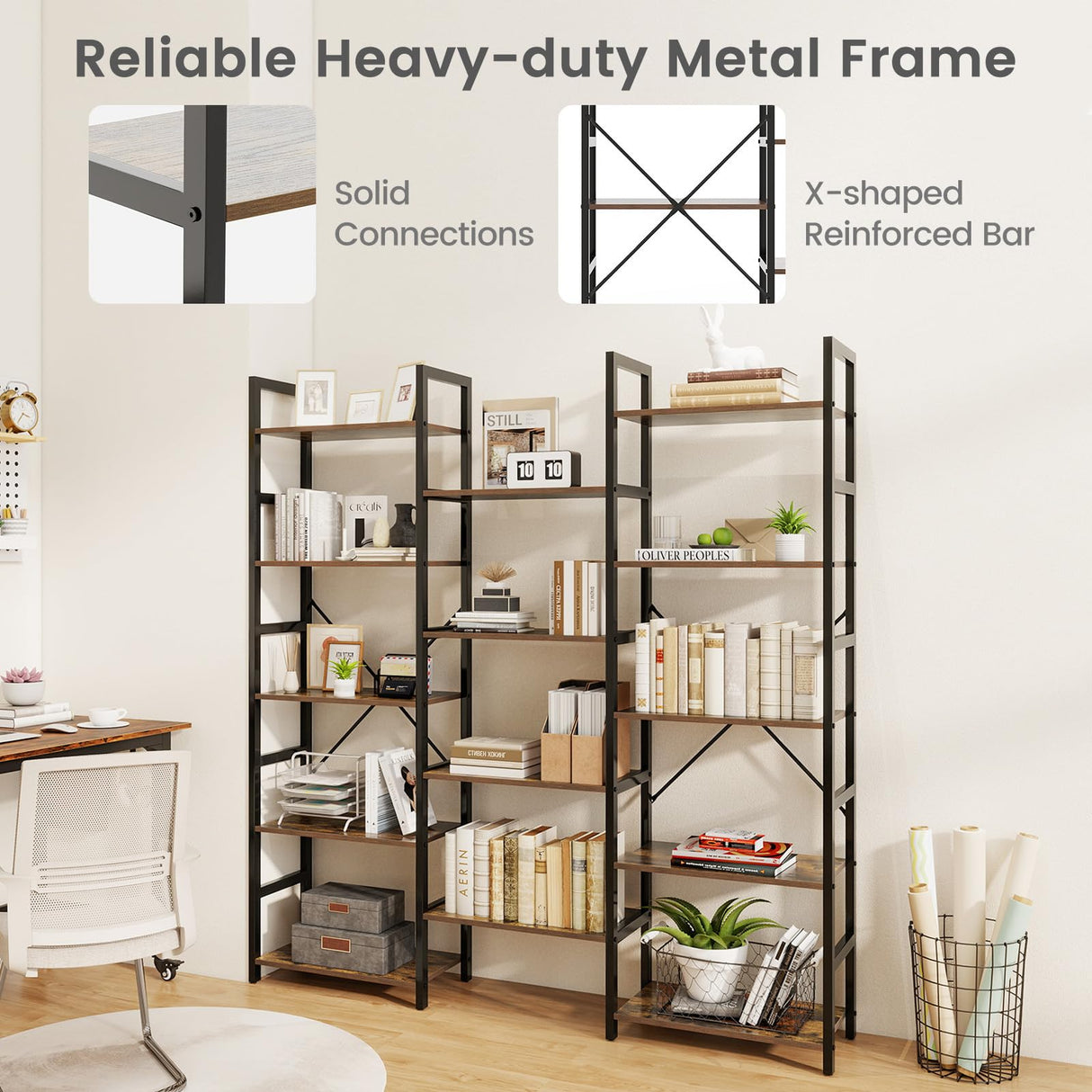 Giantex 5-Tier Industrial Bookshelf, Triple Wide Heavy-Duty Metal Frame Bookcases w/ 14 Open Shelves, Large Floor Standing Display Shelf Rack w/Anti-tip Kits, Storage Shelf for Living Room Study Giantex