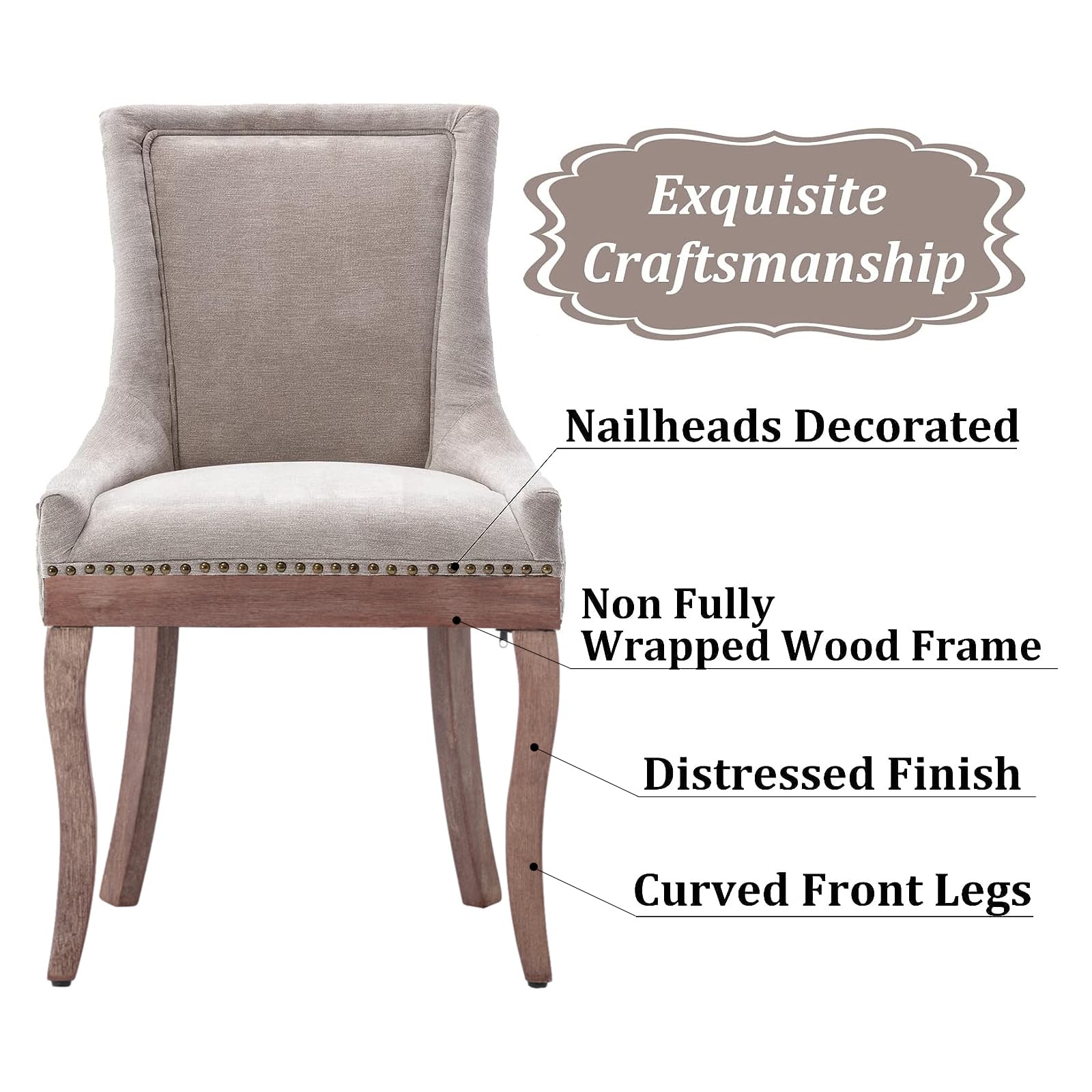 Aoowow Fabric Vintage Upholstered Side Chairs Set of 6, Farmhouse Solid Wood Kitchen Dining Room Chairs with Nailheads Legs (Fabric Beige) - WoodArtSupply