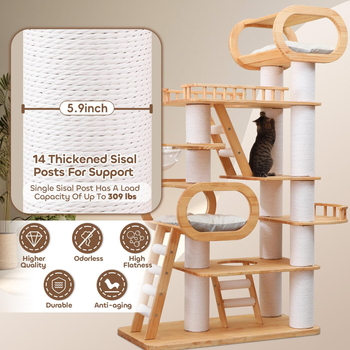 76.8'' Tall Modern Large Cat Tree,Multi-Level Wood Cat Tower for Indoor Cats Large Adults,Luxury Heavy Duty Cat Condo with Cushion,Scratching Posts,Clear Hammock Activity for Maine Coon Big Fat Cats COUNER