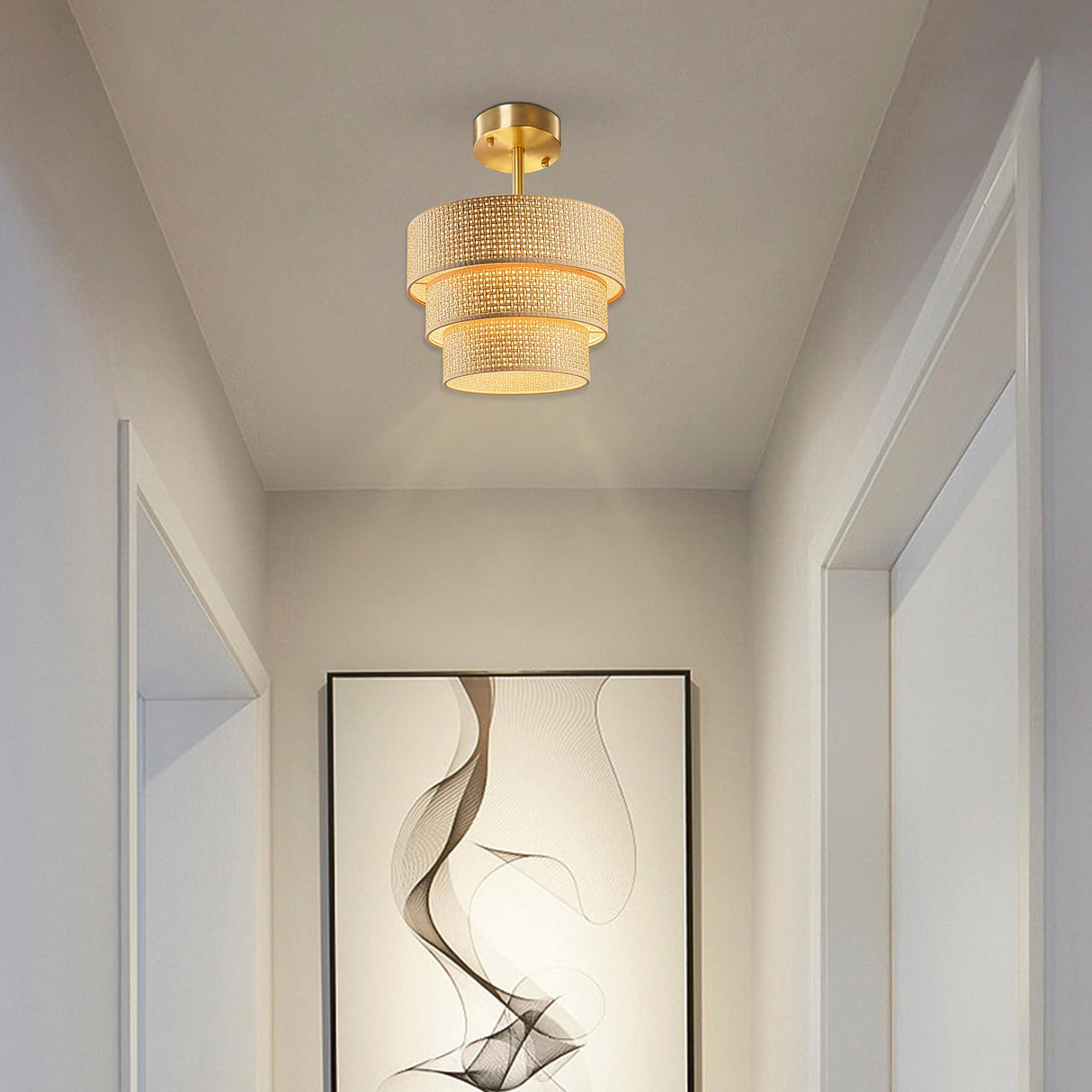 Mateyrie Rattan Lamp Shades for Floor Lamps Pendant Light Hanging Lamp Replacement, 3-Tier Drum Lamp Shade with Rattan Woven for Living Room Dining Hall Way Bedroom (Khaki) Mateyrie