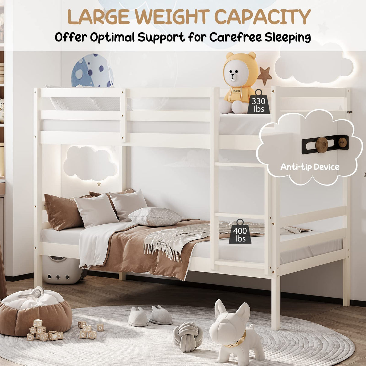 KOMFOTT Wood Bunk Bed Twin Over Twin, Bunk Bed with Ladder & Safety Guardrail, Solid Wood Bed Frame, Ideal for Dormitory & Multiple-Child Family, No Box Spring Needed, Kids Bed Frame KOMFOTT