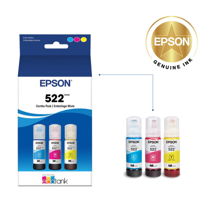 EPSON 522 EcoTank Ink Ultra-high Capacity Bottle Color Combo Pack (T522520-S) Works with EcoTank ET-2720, ET-2800, ET-2803, ET-2840, ET-4700, ET-4800, ET-4810