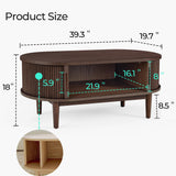LINSY HOME Oval Coffee Table, Wood Coffee Table with Storage, Fluted Accent Center Table with Sliding Tambour Door, 39" Mid Century Modern Coffee Tables for Living Room, Bedroom, Apartment, Walnut LINSY HOME