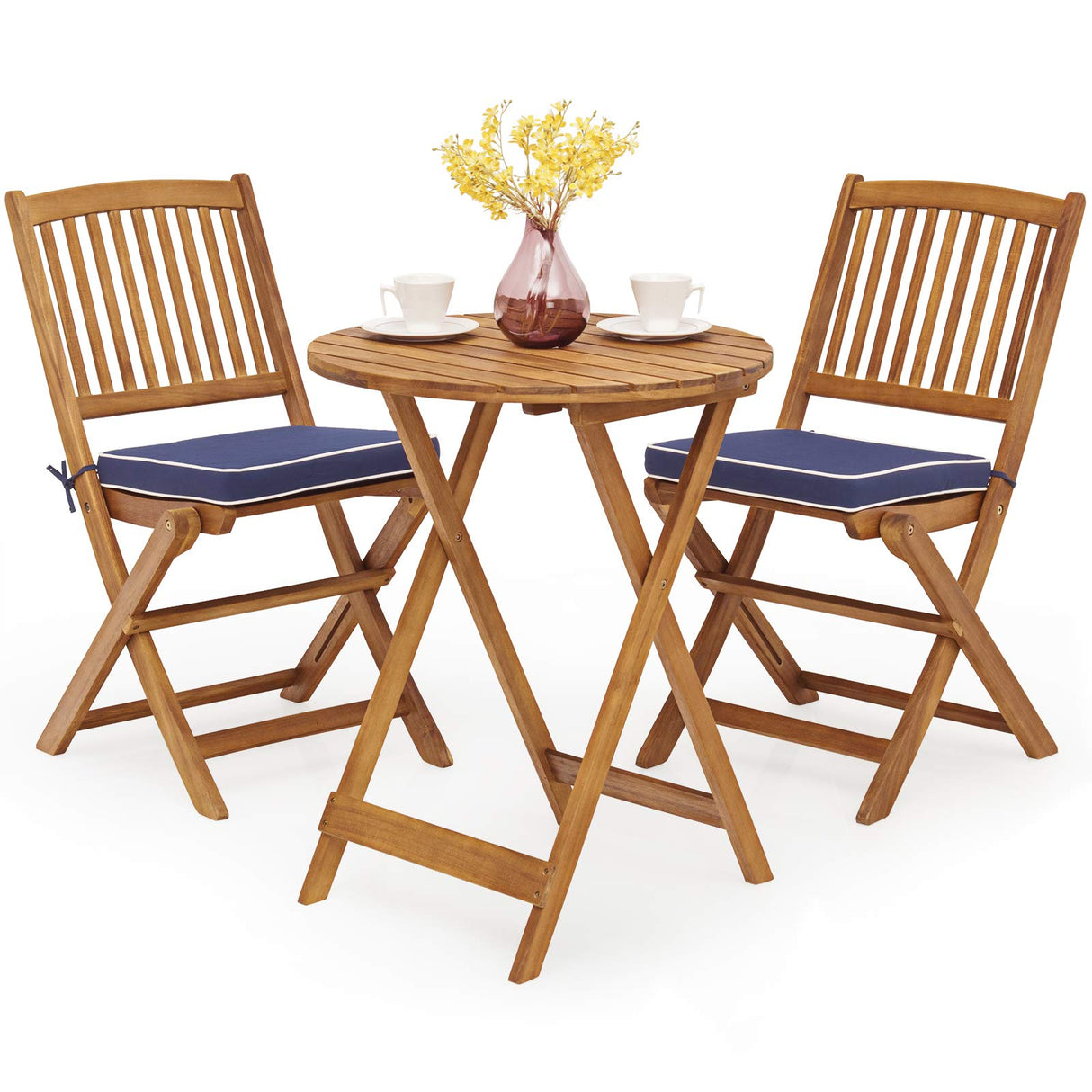Tangkula 3 PCS Patio Folding Bistro Set, Outdoor Acacia Wood Chair and Table Set w/Padded Cushion& Round Coffee Table, Ideal for Indoor Patio Poolside Garden (Navy Blue) Tangkula