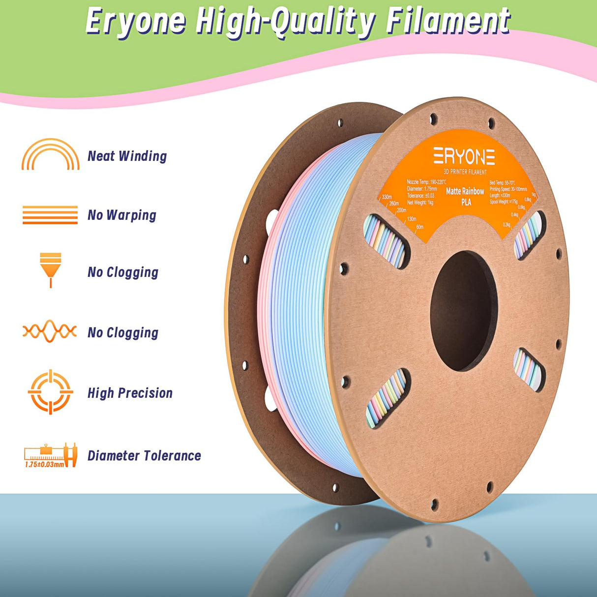 ERYONE Matte Rainbow 3D Printer PLA Filament 1.75 +/- 0.03mm, Matte Muticolor Filament PLA 1KG(2.2LBS) Spool, Matte Macaron Rainbow ERYONE