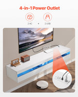 VEVOR Floating TV Stand, 71 in Wall Mount Entertainment Center with Power Outlet & LED Lights, Modern Floating TV Shelf with 2 Drawers & Storage Cabinet for DVD Player, Cable Box, Game Console, White VEVOR