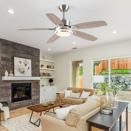 Ceiling Fans with Lights and Remote/APP Control,50“ Modern Ceiling Fan with Quiet Reversible DC Motor, 5 Dual Finish Blades,Dimmable 3-Color LED Fandelier for Indoor Bedroom,Livingroom Nickel Hounberi