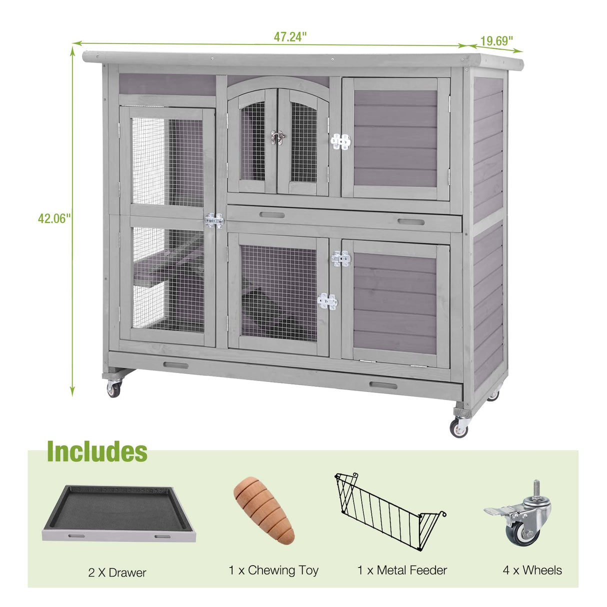 GUTINNEEN Rabbit Hutch Indoor Outdoor Bunny House Guinea Pig Cage on Wheel with Plastic Tray 47inch GUTINNEEN