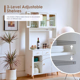 JanflyHome Kitchen Pantry Storage Cabinet with Power Outlet & Light, 73'' Freestanding Hutch Cabinet with Glass Door & Microwave Stand, Tall Cabinet for Dining Room, Adjustable Shelves, White… JanflyHome