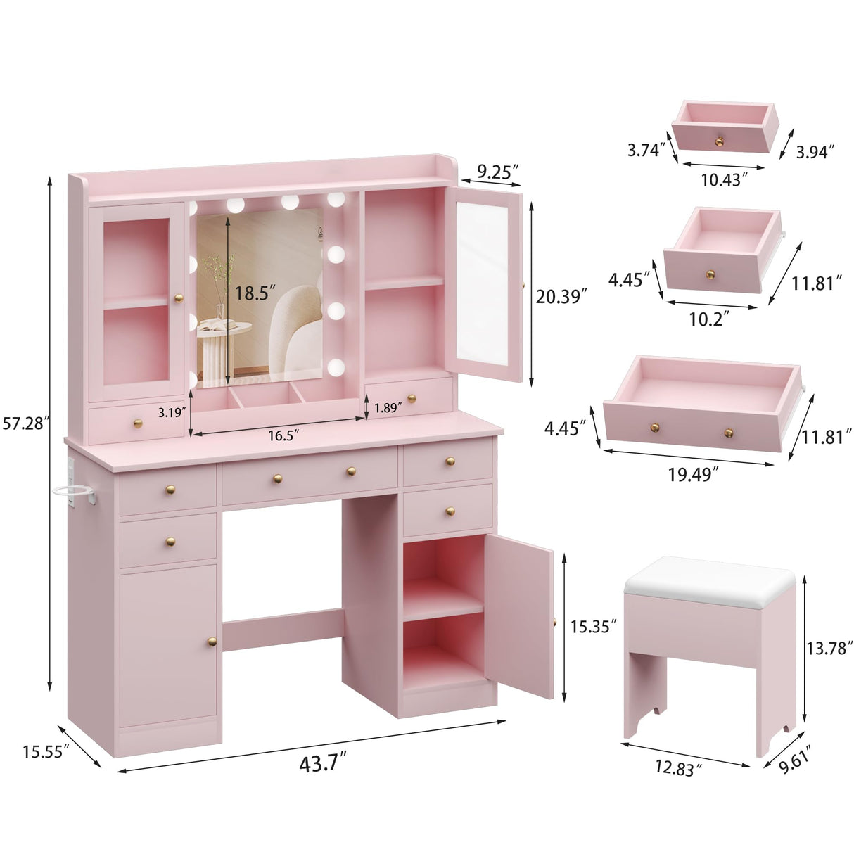 HUANLEGO Vanity Desk with Mirror and Lights, Pink Vanity Mirror with Lights Desk and Chair &7 Drawers, Cabinets Makeup Vanity Table with with Stool for Bedroom 3 Lights Mode and Brightness Adjusted HUANLEGO