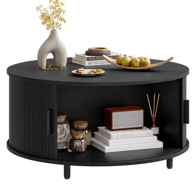 Lefurture 31.5 Inch Round Coffee Table, Mid-Century Modern Coffee Table wtih Storage, Accent Coffee Table with Adjustable Footpads, Center Table with Sliding Doors for Living Room (Black)