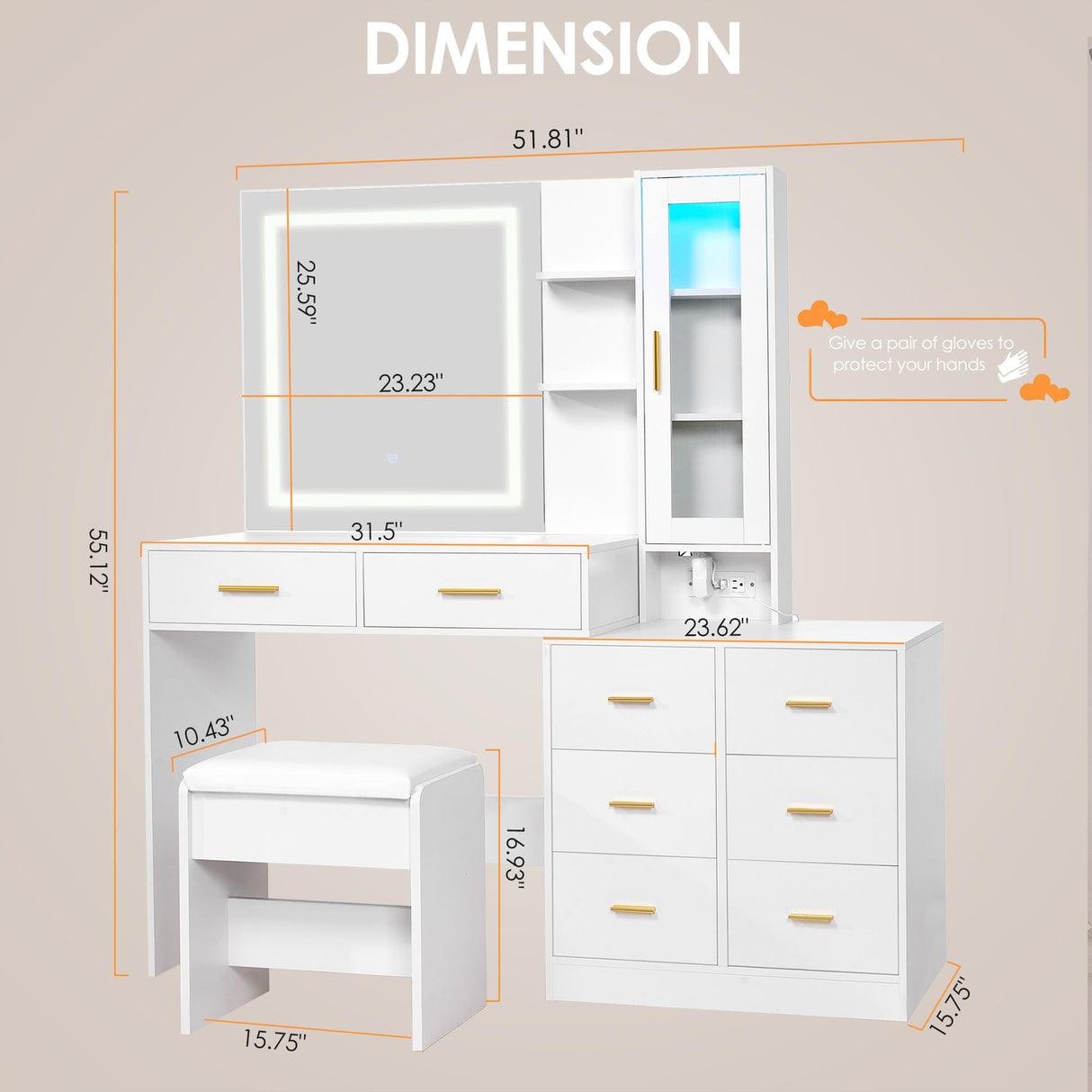 ANWBROAD 51.8" Makeup Vanity Desk with Mirror and Lights White Vanity Table with RGB Cabinets 8 Drawers Power Outlet Large Dresser Dressing Table with Storage Shelves Stool for Bedroom Girls UBDT77W ANWBROAD