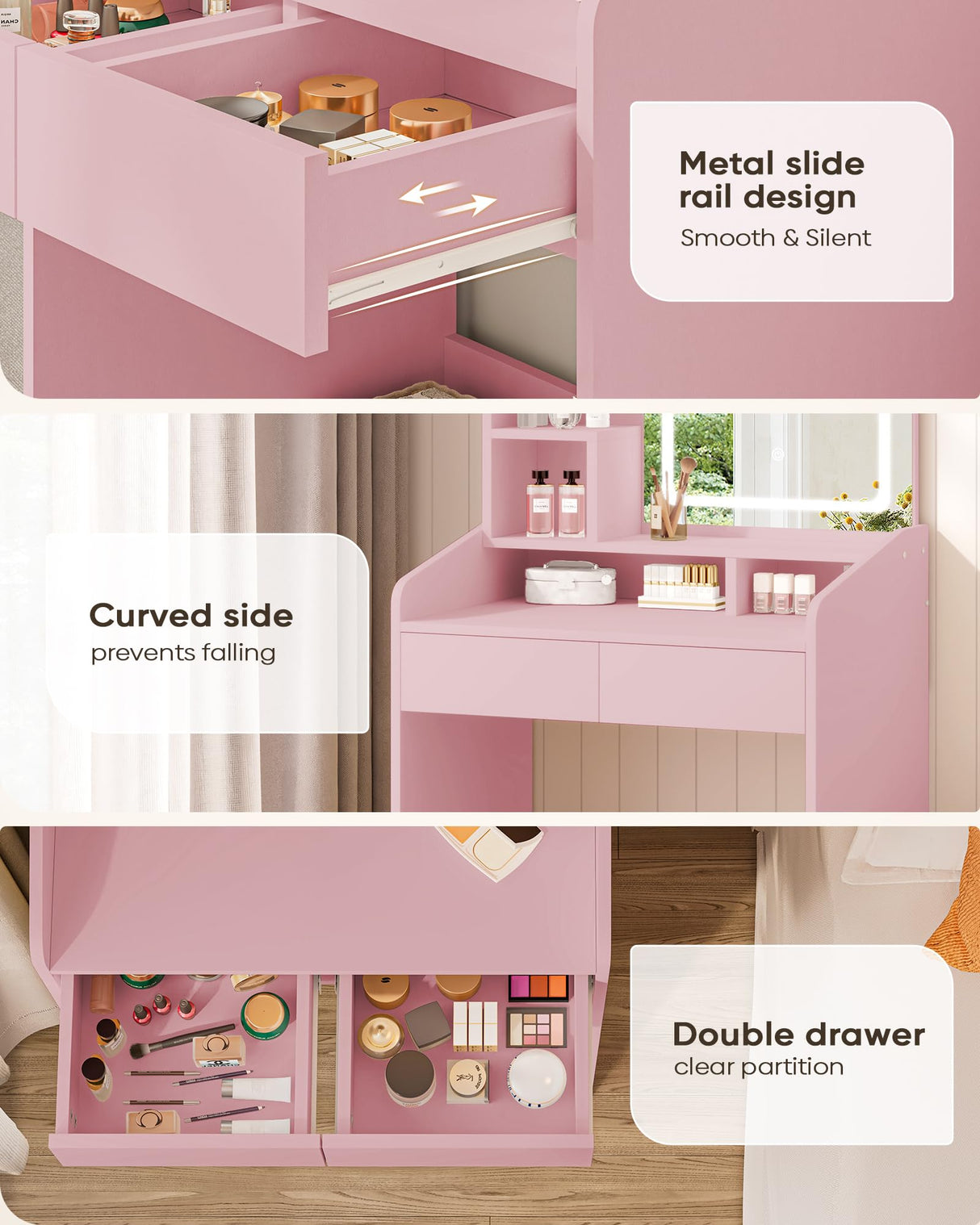 LIVELYGLOW Vanity Desk Set with Square Mirror and Light- Small Vanity Tale with Drawers- Pink LIVELYGLOW