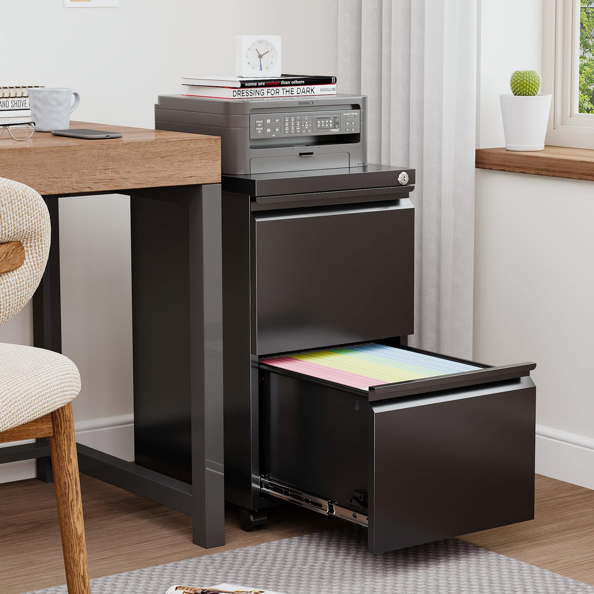 BYNSOE 2 Drawers File Cabinet with Lock Metal Vertical File Cabient with Wheels Mobile File Cabinet for Office Home Legal/Letter/a4 Size (Black, 2 Drawers) BYNSOE