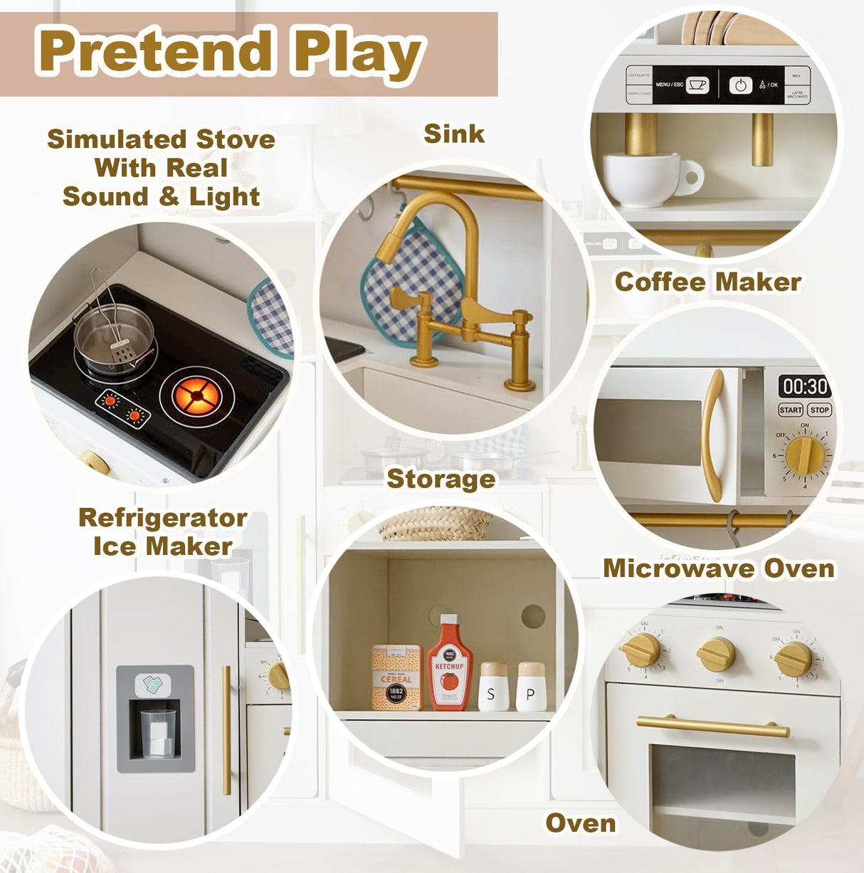 inFUNSAME Wooden Kids Play Kitchen Toy Kitchen Set with Lights and Sounds,Ice Maker,Coffee Maker and 14 Pcs Toy Food Accessories,Toddler Kitchen Playset Gifts for Boys and Girls Ages3+ inFUNSAME
