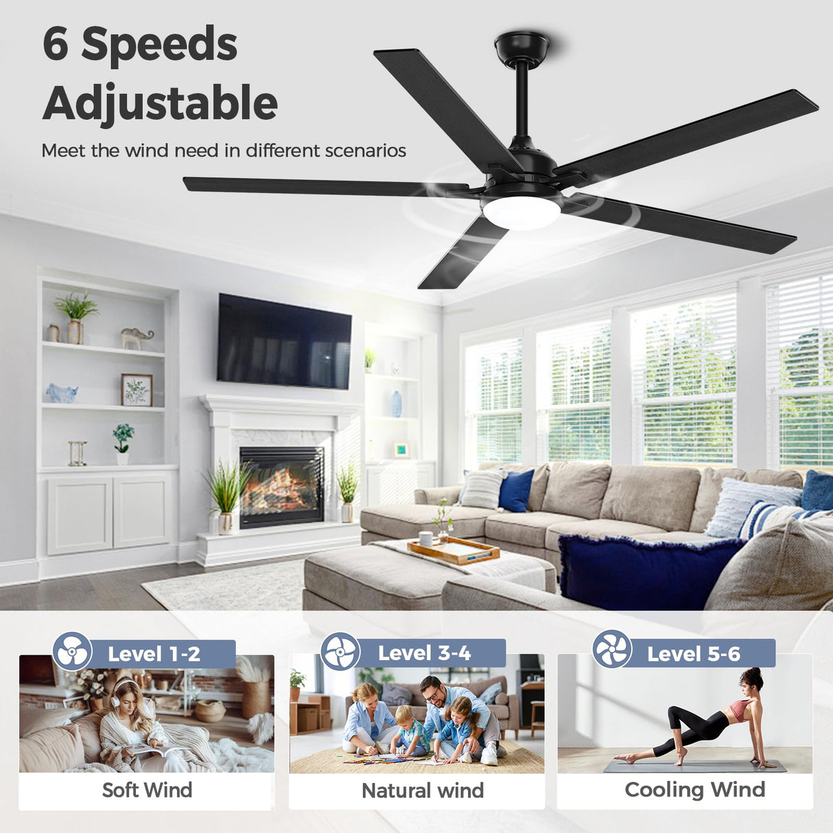 Acesal 72 Inch Ceiling Fans with Lights&App-Large Outdoor Ceiling Fan with Quiet DC Motor Dimmable 6 Speeds Timing Reversible Modern Industrial Ceiling Fan for Living Room Patio Indoor Outdoor-Black Acesal