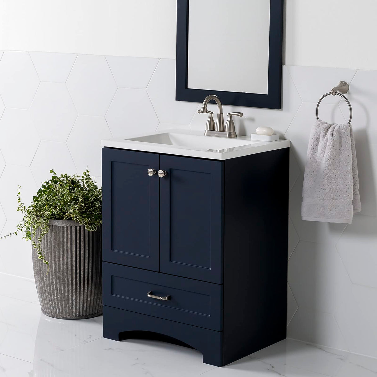 Spring Mill Cabinets Emlyn 24 Inch Bathroom Vanity with White Single Sink Top, 2-Door Cabinet, 1 Drawer, 24.5" W x 18.75" D x 32.89" H, Deep Blue Spring Mill Cabinets
