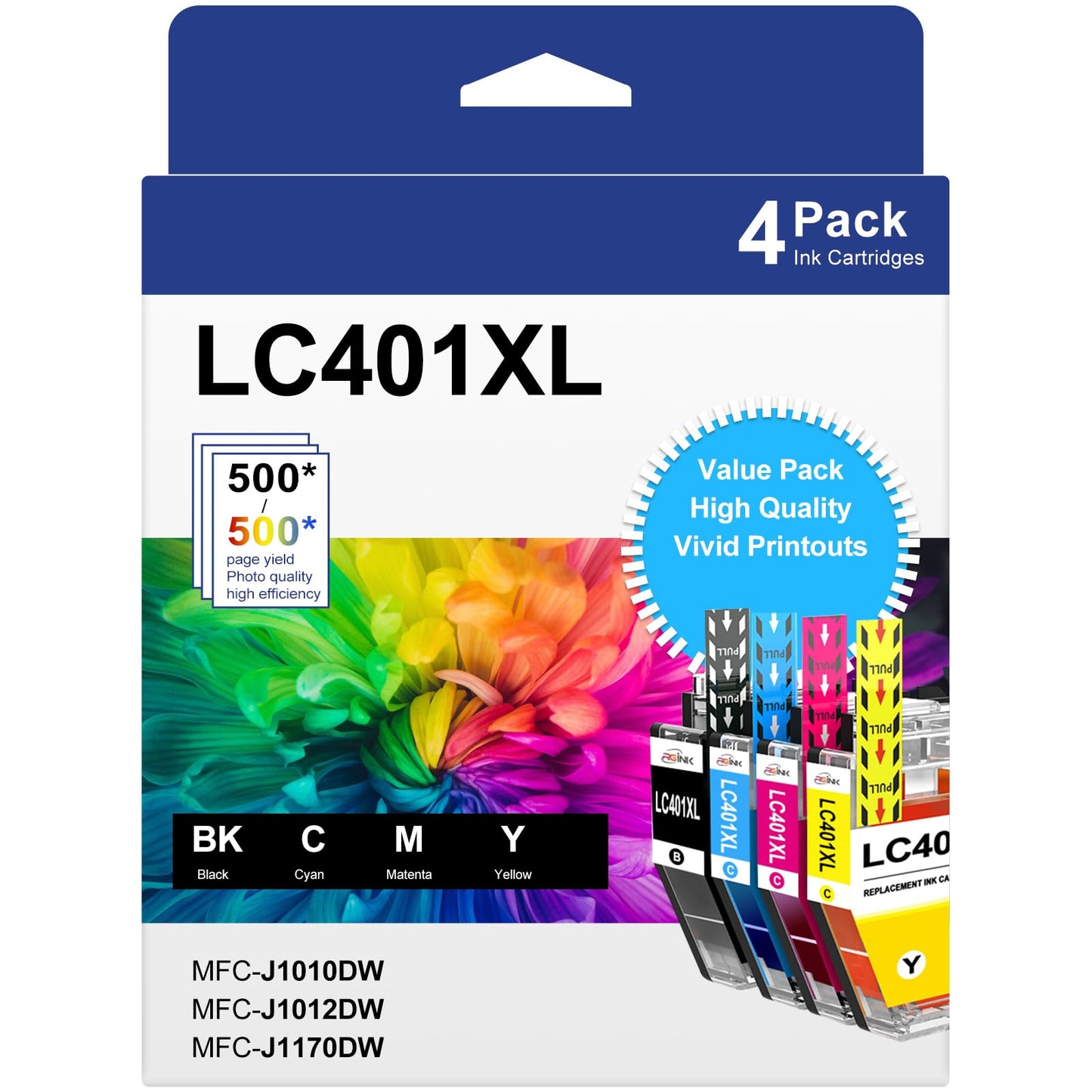 LC401XL Ink Cartridges for Brother Printer Compatible LC401 Ink Replacement for Brother LC401 Ink Cartridges LC401XL High Yield to use with Brother MFC-J1010DW MFC-J1012DW MFC-J1170DW (4 Pack, XL)