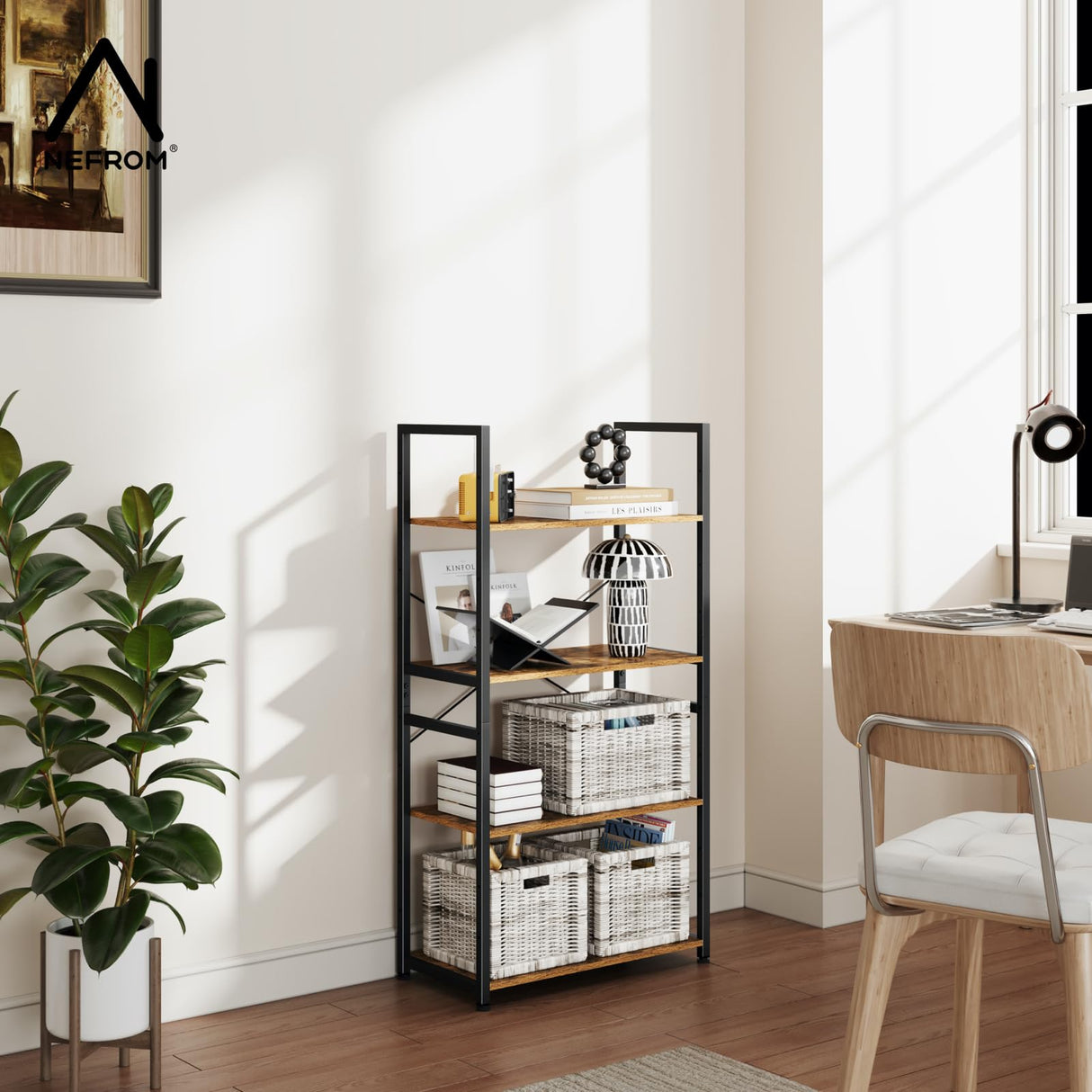 NEFROM Book Shelf, Adjustable 4-Tier Tall Bookshelf, Wooden Bookcase Shelves for Bedroom, Living Room, Display Shelf for Home, Office, Kitchen, Standing Shelving Unit Storage Organizer BC-BR-4 NEFROM